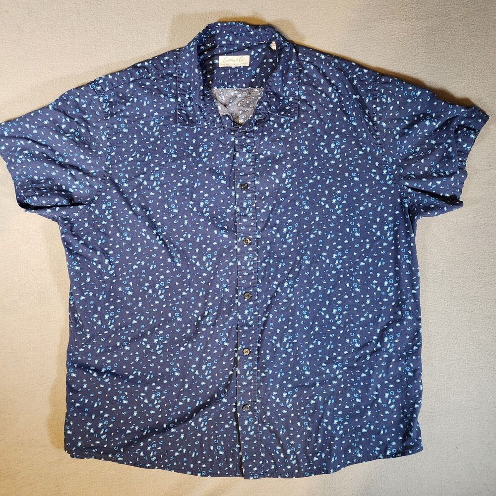 Cotton & Co Short Sleeve Blue White Leopard Button‎ Shirt XXL 2XL